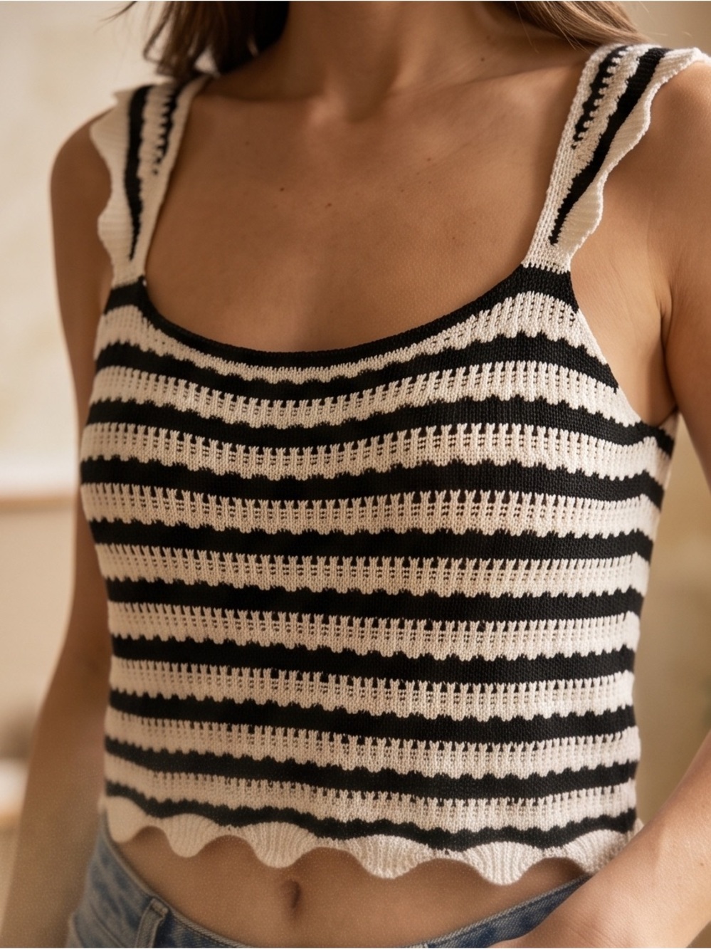 ASOS Black & White Striped Crochet Crop Tank w/ Scallop Detail 100% Cotton